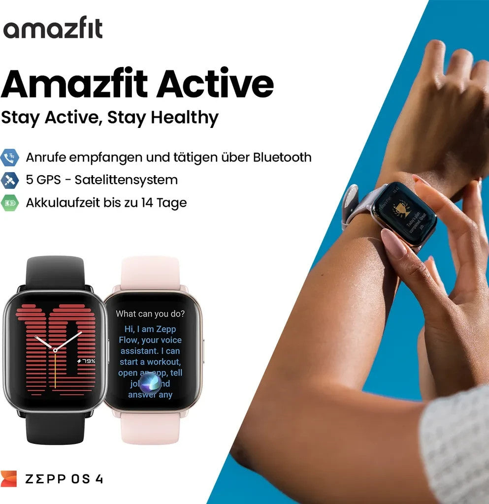 Amazfit Active Smartwatch, Schwarz, GPS, 5 ATM, AMOLED, 1,75 Zoll Aluminium