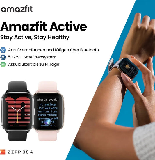 Amazfit Active Smartwatch, Schwarz, GPS, 5 ATM, AMOLED, 1,75 Zoll Aluminium