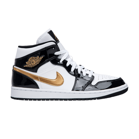 Jordan 1 Mid Patent Black White Gold